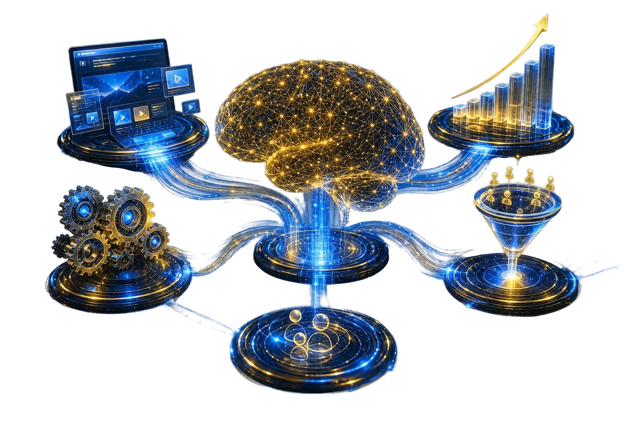 AI-powered digital growth ecosystem — 3D neural network brain connecting websites, SEO, and automation