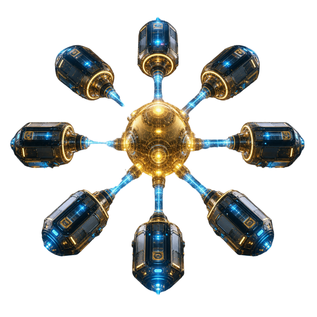 3D AI Core Engine with eight orbiting optimization modules