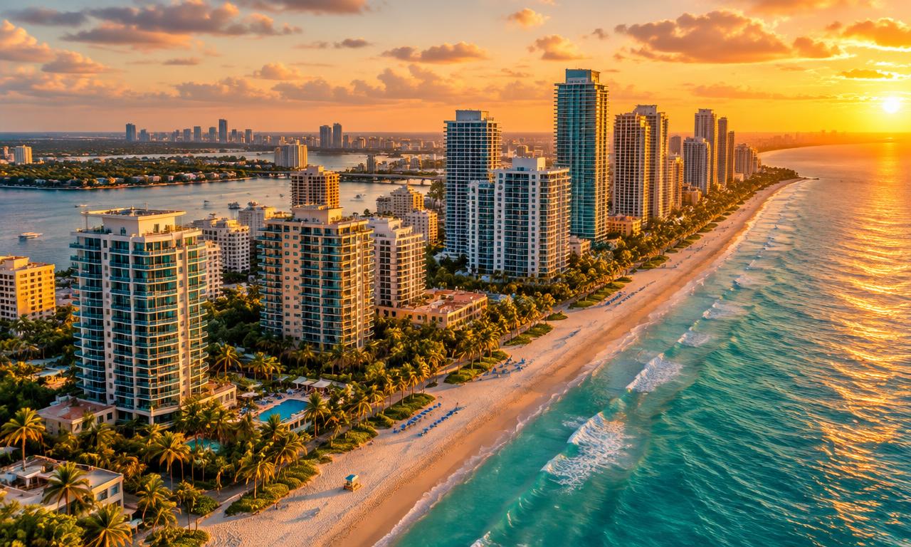 South Florida coastline and skyline at sunset